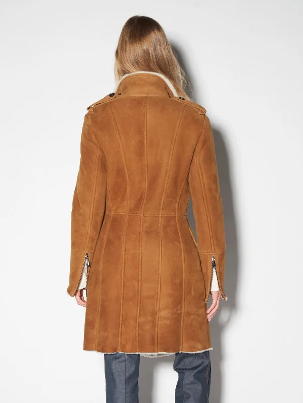 Camel double-breasted shearling coat