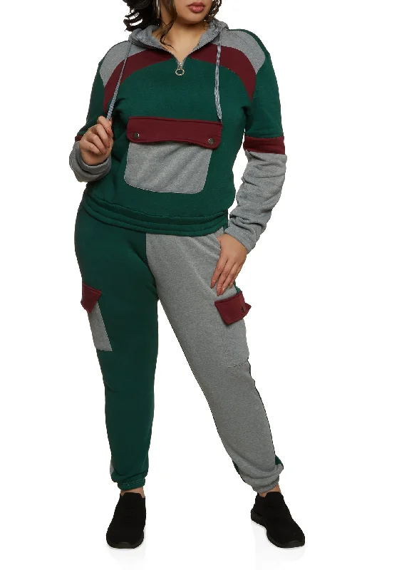 Plus Size Color Block Flap Pocket Hoodie