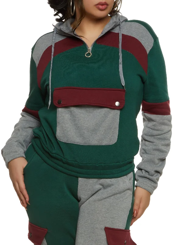 Plus Size Color Block Flap Pocket Hoodie