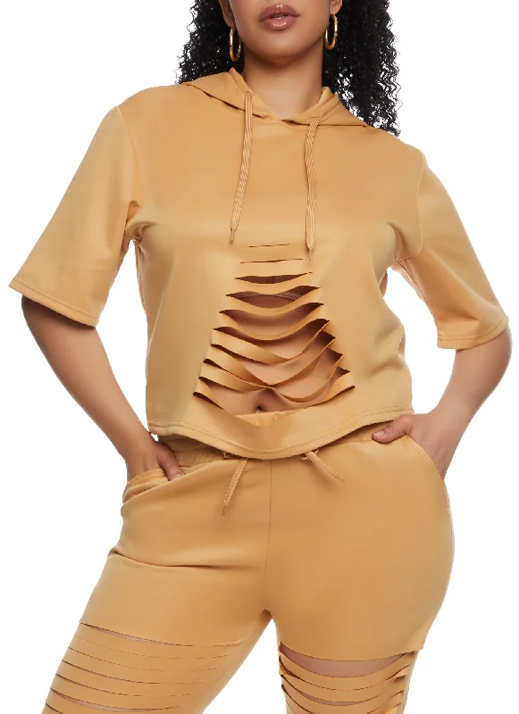 Plus Size Laser Cut Short Sleeve Hooded Top