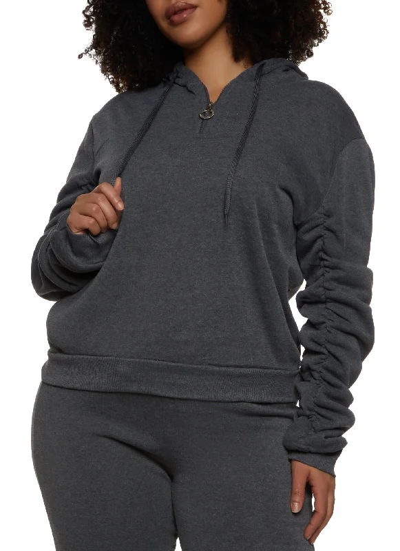 Plus Size Zip Neck Ruched Sleeve Hoodie