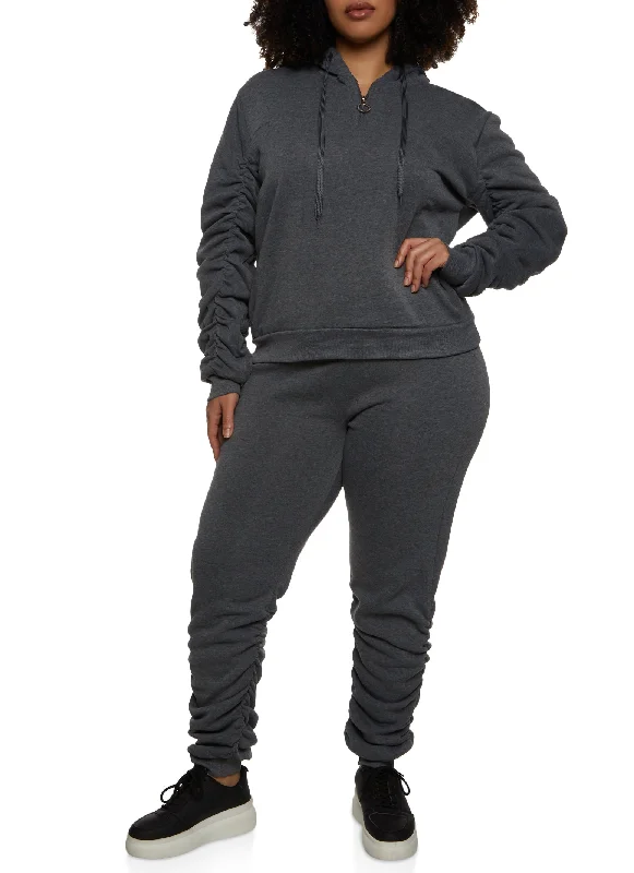 Plus Size Zip Neck Ruched Sleeve Hoodie