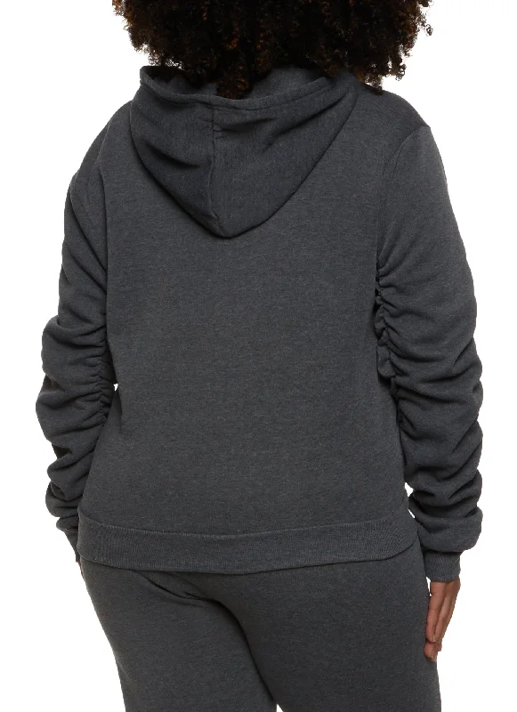 Plus Size Zip Neck Ruched Sleeve Hoodie