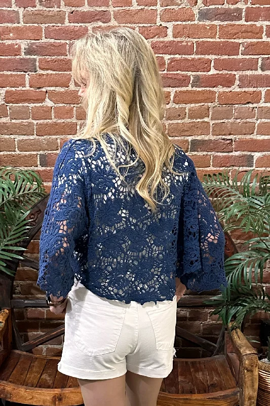 Crochet Navy Tie Front Crop Cardigan by Origami Apparel