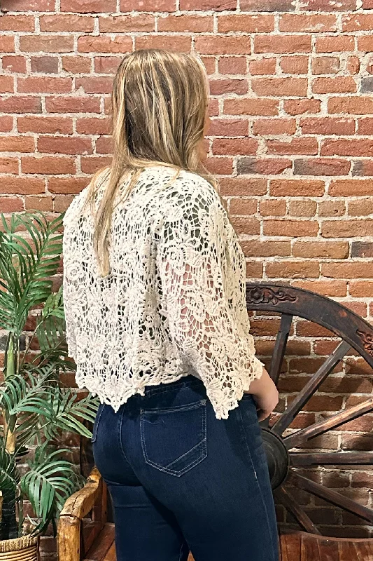 Crochet Tie Front Crop Cardigan by Origami Apparel