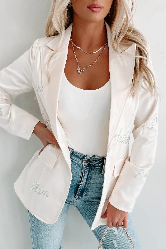 Femme Feelings Satin Rhinestone Detail Blazer (White)