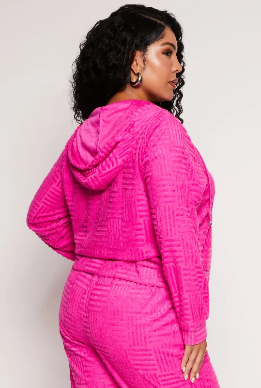 Plus Size Chenille Patterned Zip Front Hoodie