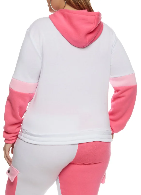 Plus Size Color Block Flap Pocket Hoodie