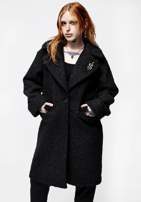 Gorgon Bouclé Oversized Coat with Snake Brooch - Black