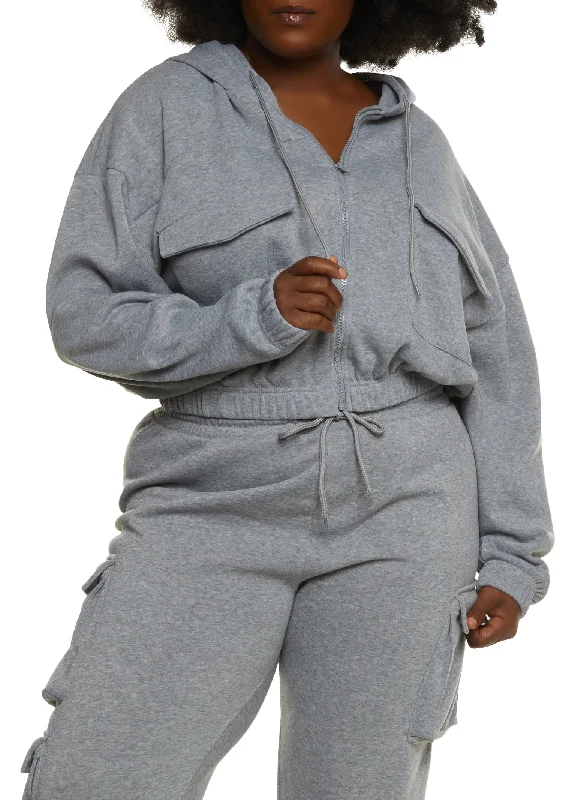 Plus Size Cargo Pocket Zip Front Hoodie