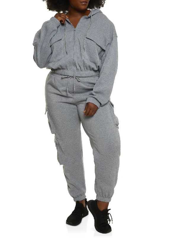 Plus Size Cargo Pocket Zip Front Hoodie