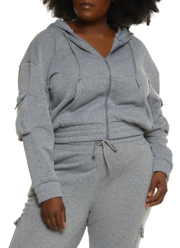 Plus Size Zip Front Cargo Pocket Hoodie