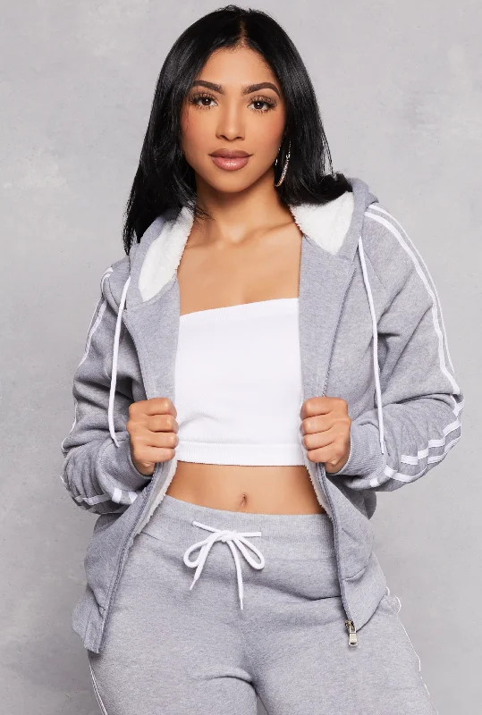 Varsity Stripe Zip Front Sherpa Lined Hoodie