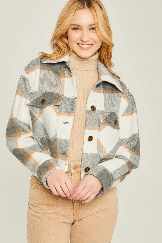 Grey Plaid Crop Shacket