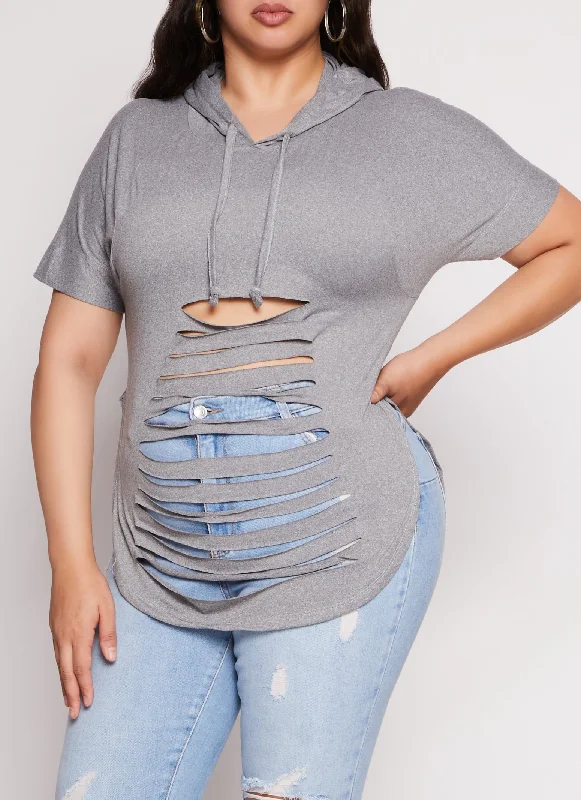 Plus Size Laser Cut Hooded Top