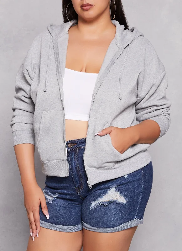 Plus Size Solid Zip Front Hoodie