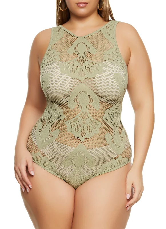 Plus Size Seamless Fishnet Patterned Bodysuit