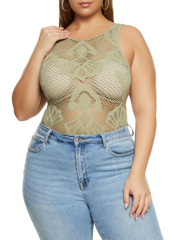 Plus Size Seamless Fishnet Patterned Bodysuit