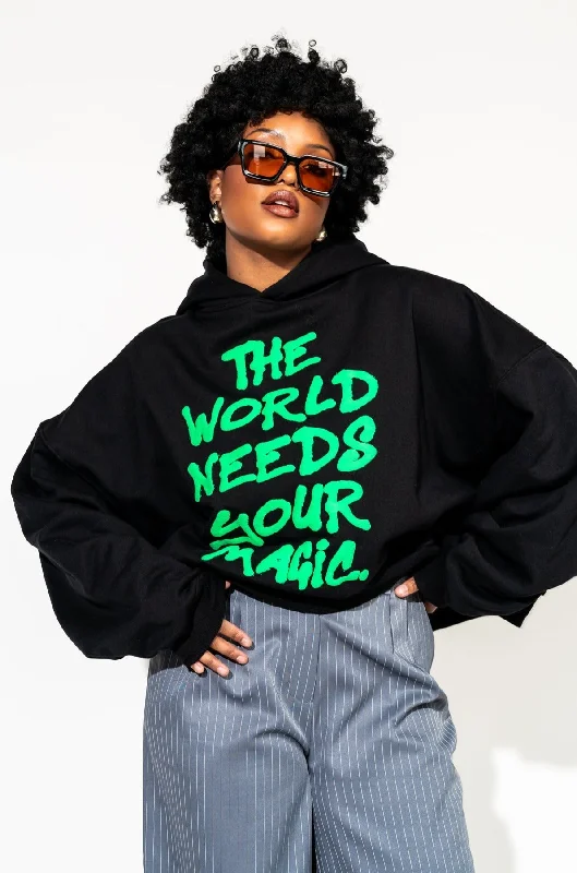 Energy Doesn’t Lie Cropped Hoodie in The World Needs Your Magic Puff Print