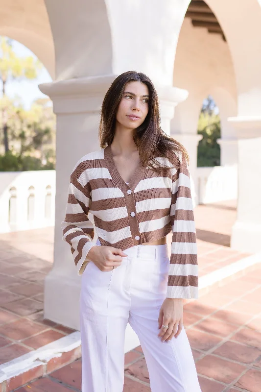 Leticia Long Sleeve Stripe Print Cropped Cardigan Taupe