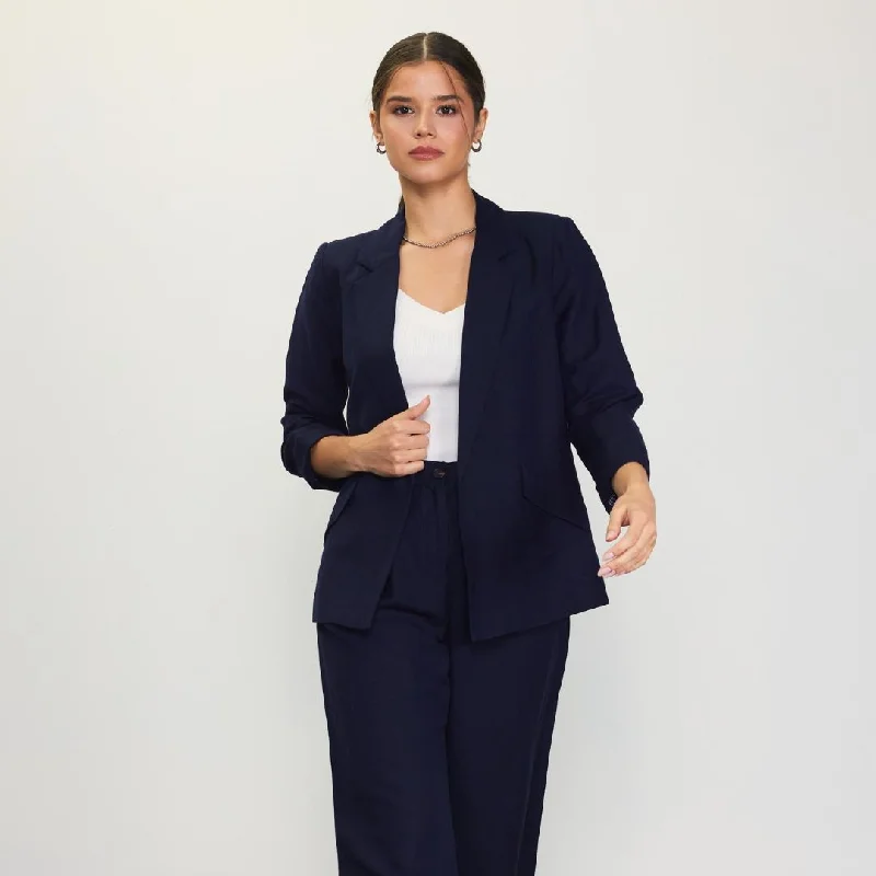 Linen Blend Three Quarter Sleeve Blazer (Navy)