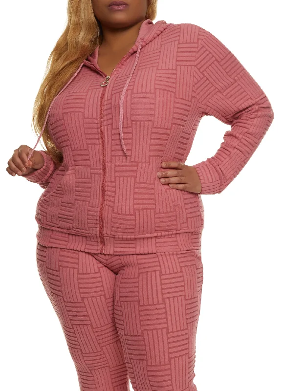 Plus Size Textured Fleece Zip Front Hoodie