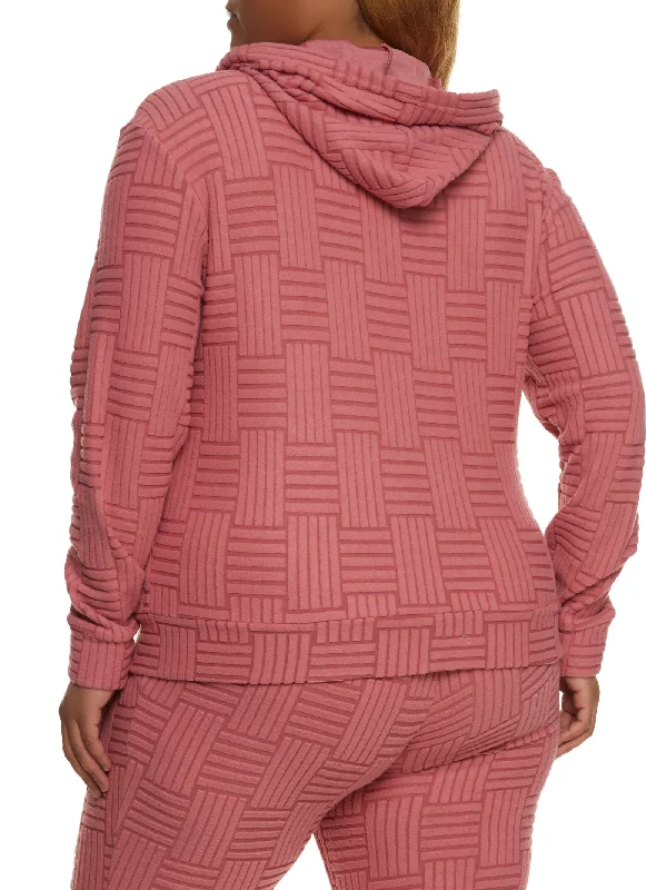 Plus Size Textured Fleece Zip Front Hoodie