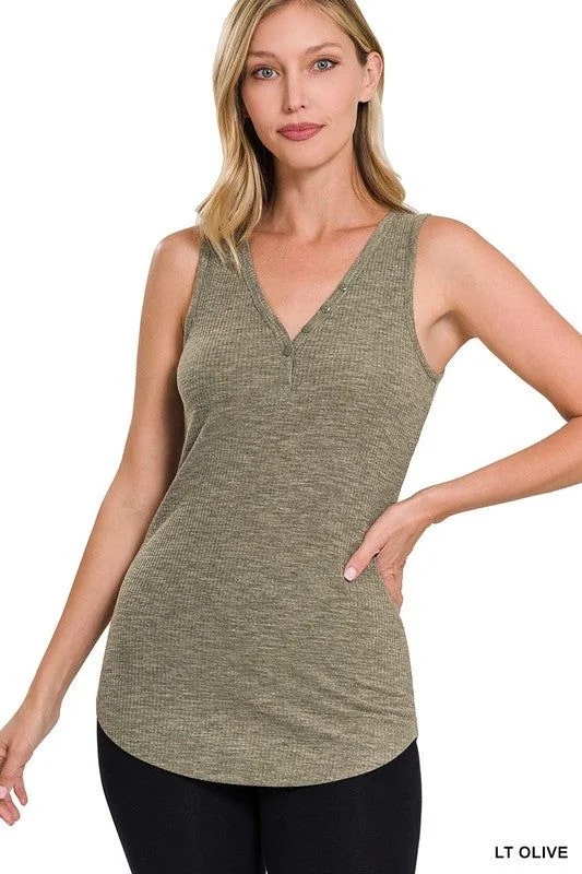 Melange Ribbed Button Closure V-Neck Top