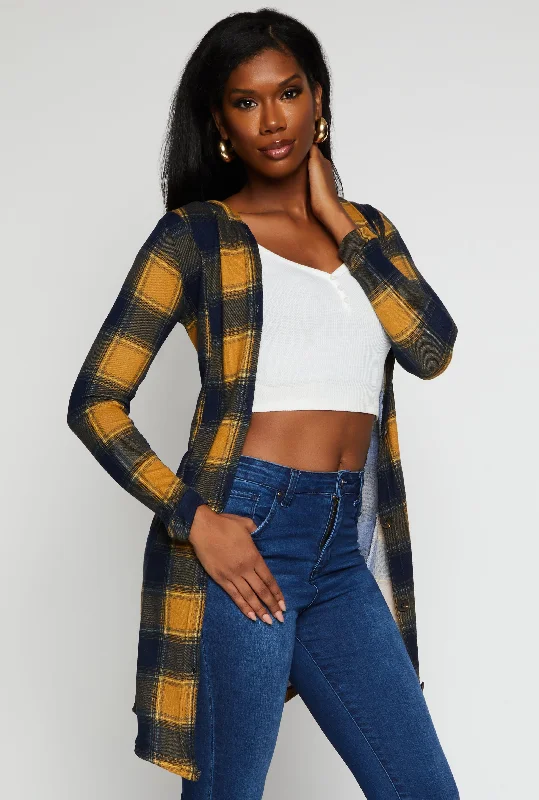 Plaid Hooded Button Front Duster