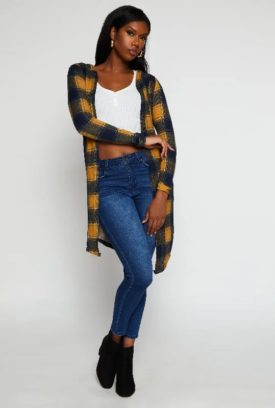 Plaid Hooded Button Front Duster