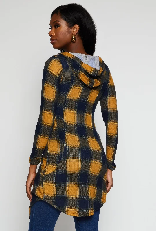 Plaid Hooded Button Front Duster