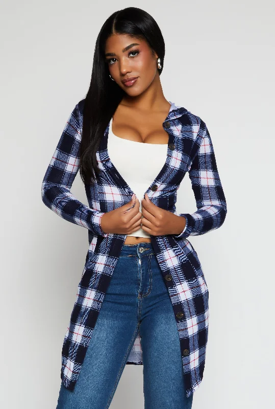 Plaid Hooded Button Front Duster