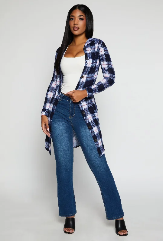 Plaid Hooded Button Front Duster