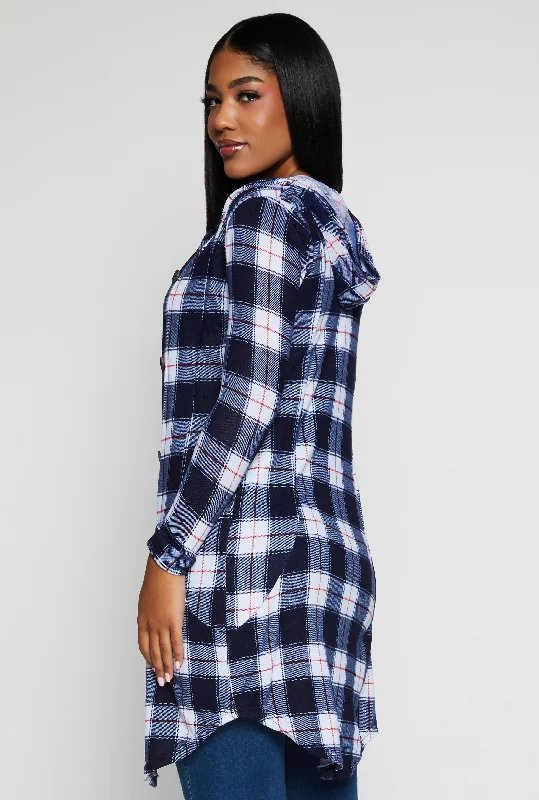 Plaid Hooded Button Front Duster