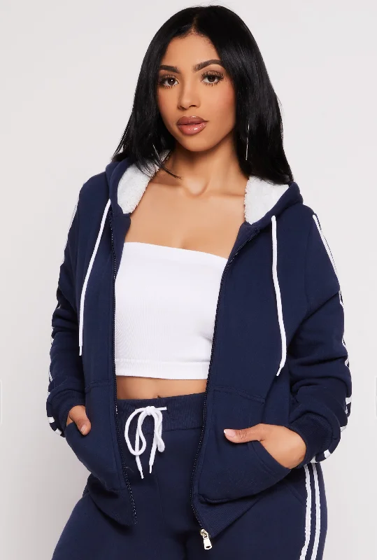 Varsity Stripe Zip Front Sherpa Lined Hoodie