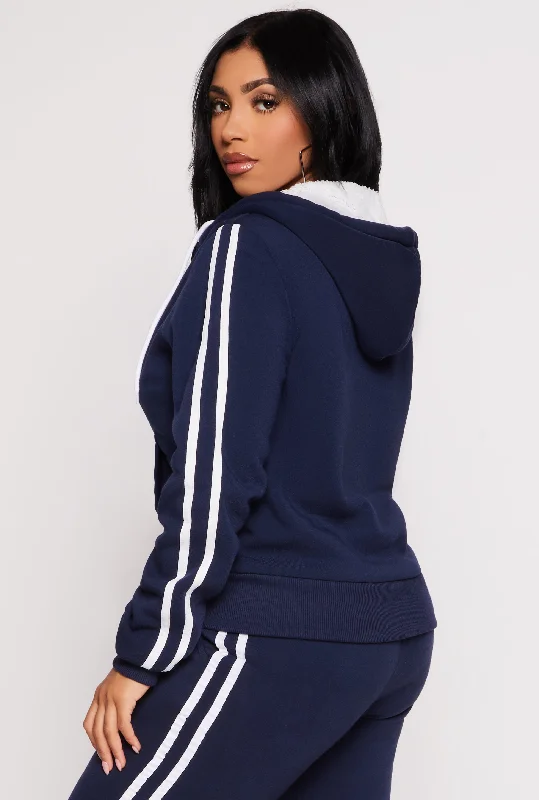 Varsity Stripe Zip Front Sherpa Lined Hoodie