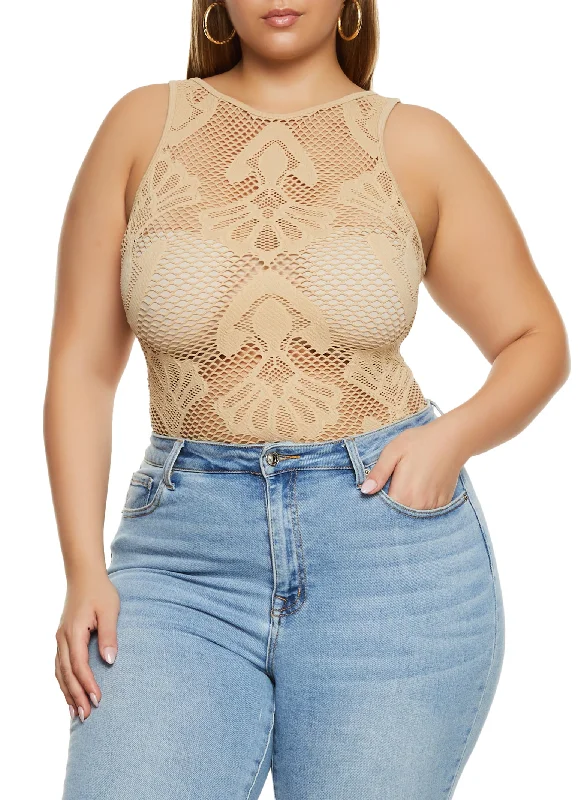 Plus Size Seamless Fishnet Patterned Bodysuit