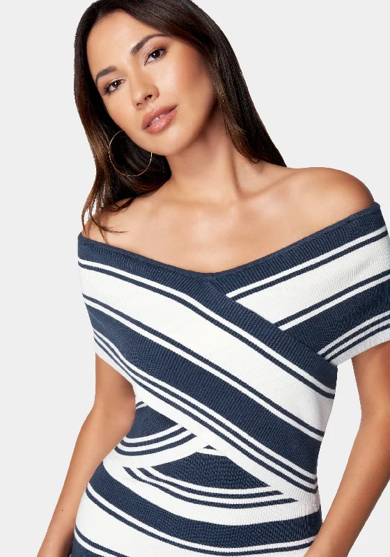 Off Shoulder Striped Sweater Dress