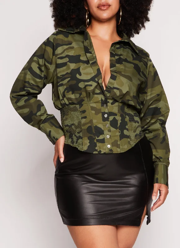 Plus Size Camo Long Sleeve Smocked Corset Shirt