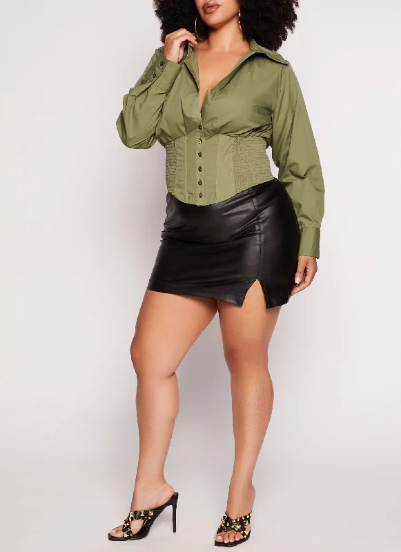 Plus Size Long Sleeve Smocked Corset Shirt