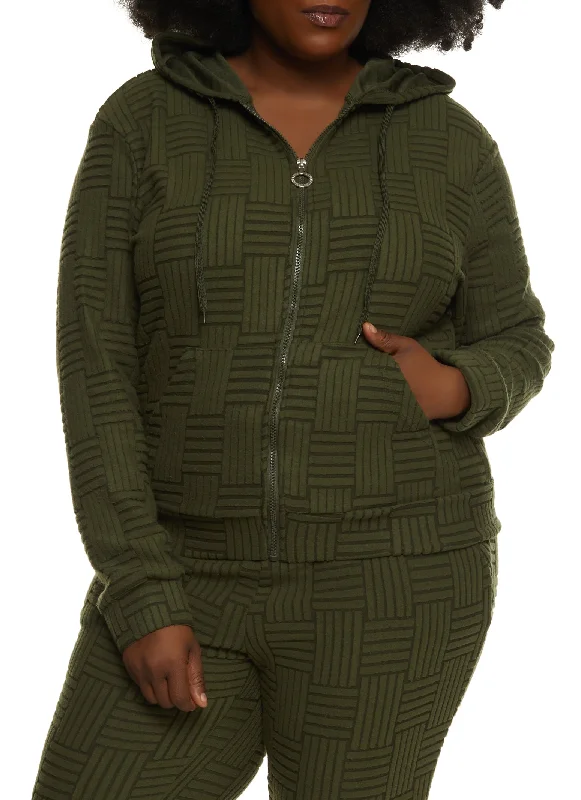 Plus Size Textured Fleece Zip Front Hoodie