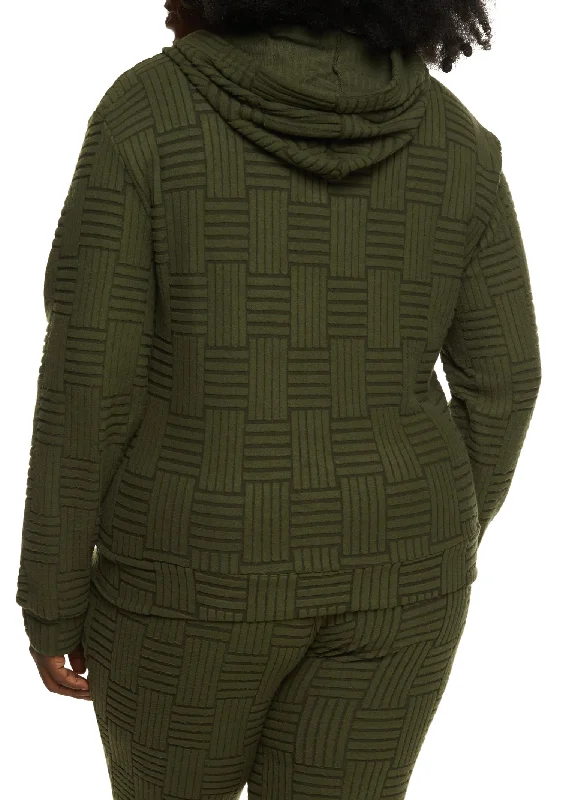 Plus Size Textured Fleece Zip Front Hoodie