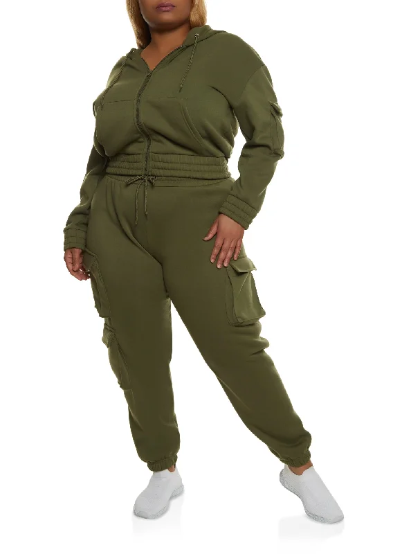 Plus Size Zip Front Cargo Pocket Hoodie