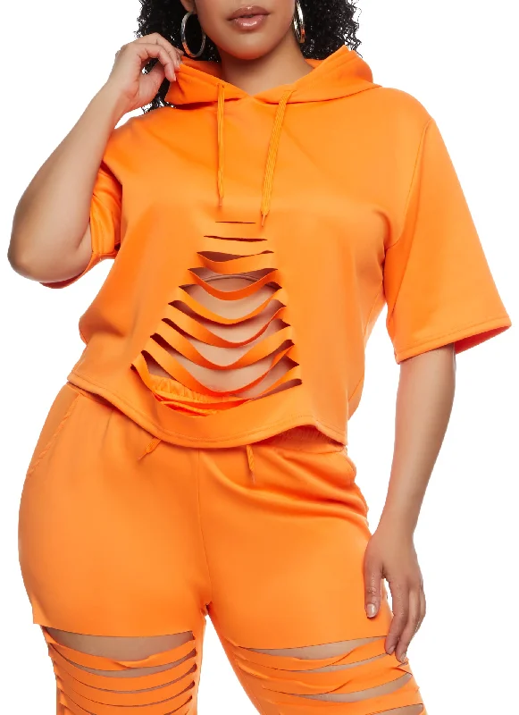 Plus Size Laser Cut Short Sleeve Hooded Top