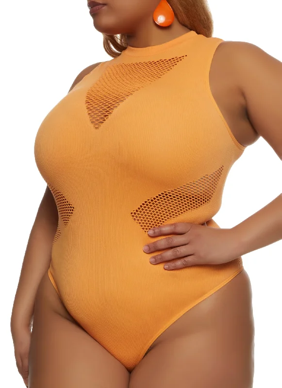 Plus Size Seamless Body Contour Fishnet Detail Bodysuit