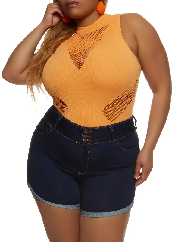 Plus Size Seamless Body Contour Fishnet Detail Bodysuit