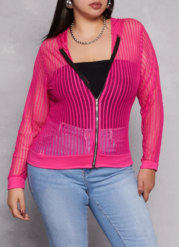 Plus Size Mesh Shadow Striped Zip Front Hoodie