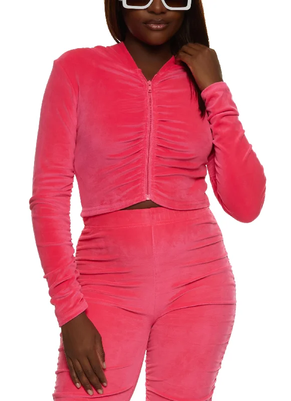 Velour Ruched Zip Front Hoodie