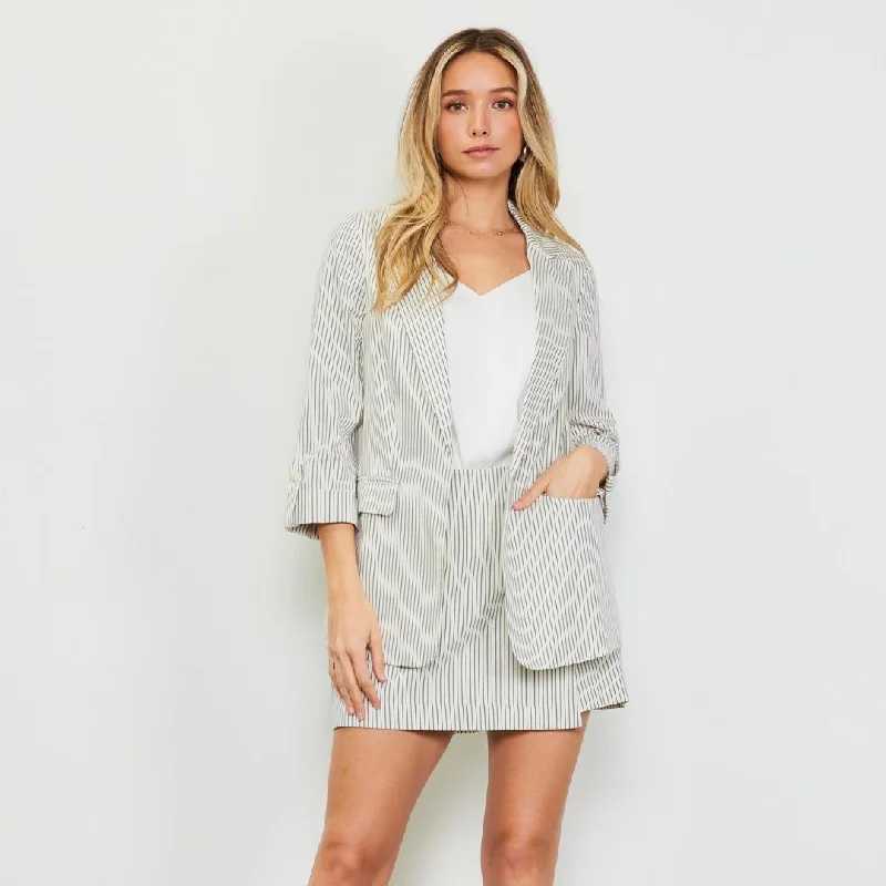 Pinstriped Rolled Sleeve Blazer (Ivory + Navy)