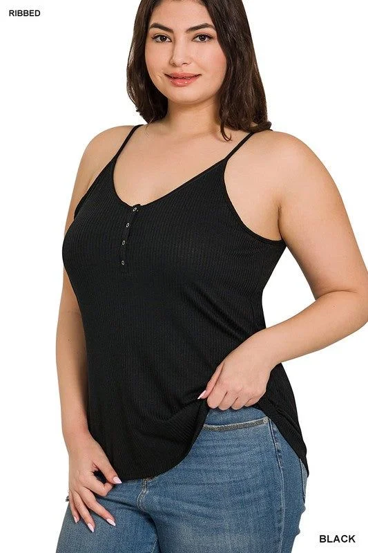 Plus Ribbed Half Snap Button Closure Cami Top